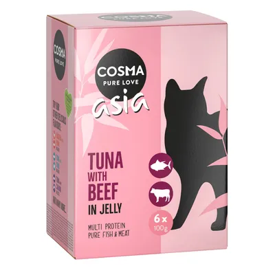 Cosma Pure Love Asia Tuna with Beef in Jelly macskaeledel, 6×100 g, többfehérjés, tiszta hal és hús. Rózsaszín doboz fekete macska sziluettel.