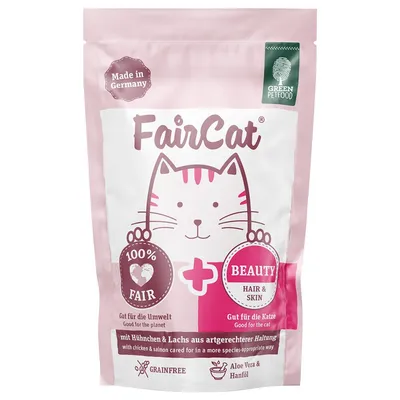 FairCat Beauty Katzenfutter, Made in Germany, 100% fair, mit Huhn & Lachs aus artgerechter Haltung, grainfree, Aloe Vera & Hanföl, gut für Umwelt und Katze, Green Petfood Marke.