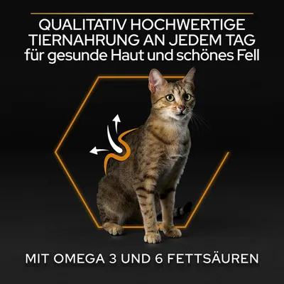 Texte en allemand : 'Qualitativ hochwertige Tiernahrung an jedem Tag für gesunde Haut und schönes Fell. Mit Omega 3 und 6 Fettsäuren'.
