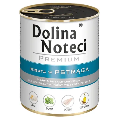 Dolina Noteci Premium. Vollwertfutter für erwachsene Hunde aller Rassen, reich an Forelle mit Ei, Basilikum, Forelle und Leinöl.