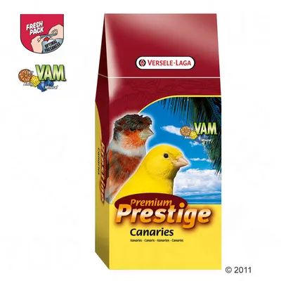 Versele-Laga Premium Prestige Canaries -kanarianlinnunruokapakkaus, etiketissä kaksi kanarialintua, VAM-logo ja Fresh Pack -merkintä.