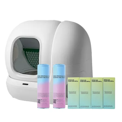 PETKIT kočičí toaleta se systémem čištění vzduchu, včetně PETKIT Air Purifying Refill a odpadkových sáčků. Viditelné: moderní design, náhradní náplně a příslušenství.