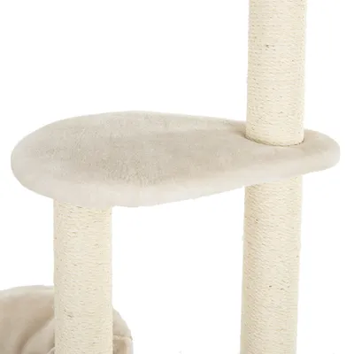 Kratzbaum mit beigem Plüschbezug und Sisal umwickelten Säulen, Plattform für Katzen.