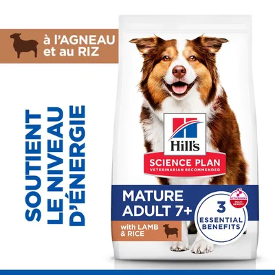 Hill's Science Plan Mature Adulte 7+ à l'agneau et au riz, soutient le niveau d'énergie, 3 Bienfaits Essentiels. Hill's Science Plan Mature Adulte 7+ à l'agneau et au riz, soutient le niveau d'énergie, 3 Bienfaits Essentiels.