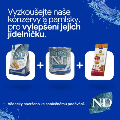 ND Ocean suché krmivo, mokré krmivo a dentálne maškrty. Vedecky vyvinuté pre spoločné kŕmenie.