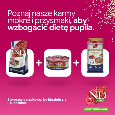 N&D Quinoa Weight Management karma sucha, mokra oraz krem jako propozycja kombinacji. Uwaga: produkty do suplementacji żywienia. N&D Quinoa Weight Management karma sucha, mokra oraz krem jako propozycja kombinacji. Uwaga: produkty do suplementacji żywienia.