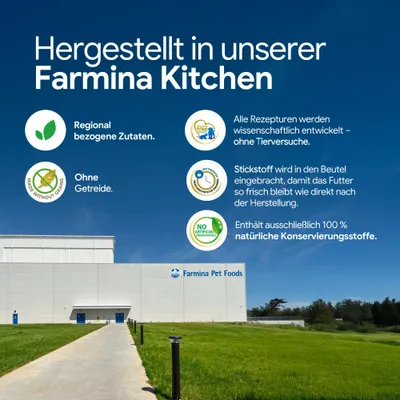Hergestellt in Farmina Kitchen: regional bezogene Zutaten, ohne Getreide, keine Tierversuche, Stickstoff für Frische, 100% natürliche Konservierungsstoffe. Hergestellt in Farmina Kitchen: regional bezogene Zutaten, ohne Getreide, keine Tierversuche, Stickstoff für Frische, 100% natürliche Konservierungsstoffe.