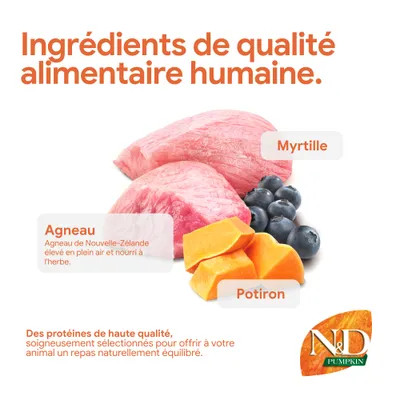 Ingrédients : viande d’agneau de Nouvelle-Zélande, myrtilles, potiron. Protéines de haute qualité pour un repas équilibré. Marque : N&D Pumpkin. Ingrédients : viande d’agneau de Nouvelle-Zélande, myrtilles, potiron. Protéines de haute qualité pour un repas équilibré. Marque : N&D Pumpkin.