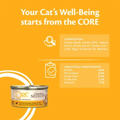 Chicken broth, chicken 35%, tapioca starch, potato starch, chicken liver 2.4%, eggs, sunflower oil, minerals. Protein 9%, fat 3.5%, fibre 0.3%, ash 1.2%, moisture 77%.