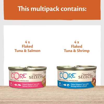 Multipack includes 4 tins of flaked tuna and salmon, and 4 tins of flaked tuna and shrimp. Both are Signature Selects in broth.