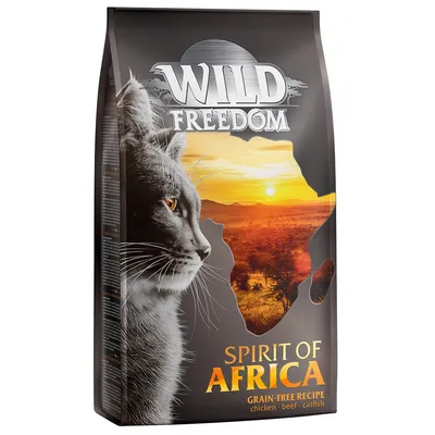 Wild Freedom Spirit of Africa kissanruokapakkaus, näkyvissä tekstit: GRAIN-FREE RECIPE, chicken, beef, catfish. Kuvassa kissa ja Afrikan siluetti auringonlaskulla.