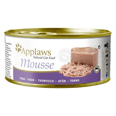 Applaws Natural Cat Food Mousse, tonno, 70 g. Testo visibile: TUNA • THON • THUNFISCH • ATÚN • TONNO. Sigillo: Made with natural ingredients. Dolphin friendly.