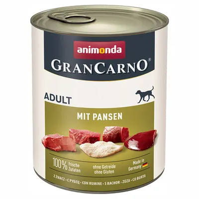 Animonda GranCarno Adult z żwaczem, 100% świeżych składników, bez zbóż i glutenu, wyprodukowane w Niemczech.