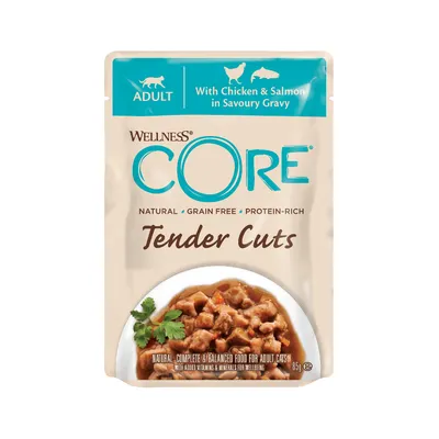 Wellness CORE Tender Cuts, natural, grain free, protein-rich food with chicken and salmon in savoury gravy for adult cats. 85g pouch. Complete and balanced with added vitamins and minerals.