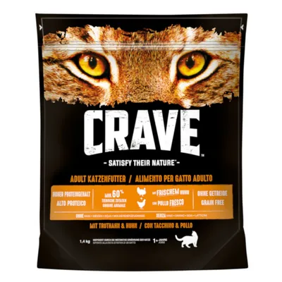 CRAVE alimento para gato adulto, alto proteico, mínimo 60 % origen animal, con pollo fresco, sin cereales, con pavo y pollo. Texto en varios idiomas visible en el envase.