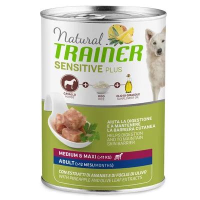 Natural Trainer Sensitive Plus nedves eledel kutyáknak lóhússal, rizzsel és napraforgóolajjal. Közepes és nagytestű kutyáknak (>11kg), felnőtteknek (>12 hónap). Ananász- és olajfalevél-kivonattal.