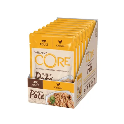 Multipack of Wellness CORE Purely Paté adult chicken pouches, labelled natural, grain free and protein-rich.
