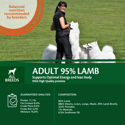 Adult 95% lamb food for all breeds. Supports optimal energy and lean body with high quality proteins. Guaranteed analysis: protein 11.1%, fat 8.5%, fibre 0.4%, ash 2.4%, moisture 75%.
