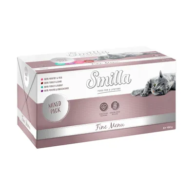 Smilla Fine Menu набор ассорти, 8x100 г. Виды: птица и телятина, индейка и ягненок, индейка и кролик, птица и куриная печень. Содержит таурин, беззерновой состав.