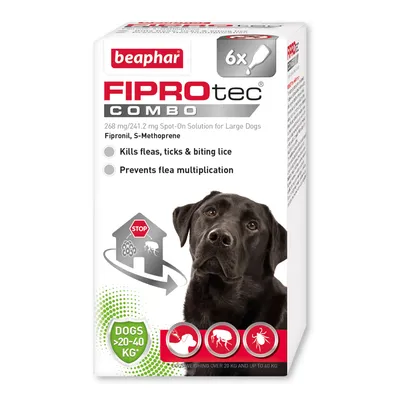 FIPROtec Combo spot-on solution for large dogs, kills fleas, ticks and biting lice, prevents flea multiplication, suitable for dogs weighing 20 to 40 kg, contains six pipettes.