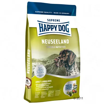 Happy Dog Supreme Neuseeland Sensible Nutrition, Adult Lamm & Reis. Tekst: Mit wertvoller Neuseeland-Muschel und 21% Lamm, Ausgewogen & sehr bekömmlich, Besonders schmackhaft.