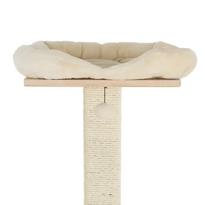 Rascador para gatos con poste de sisal, base de madera y cama acolchada beige en la parte superior. Incluye bola colgante de felpa.