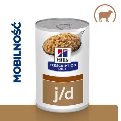 Hill's Prescription Diet j/d, napis MOBILNOŚĆ, puszka z karmą mokrą, symbol krowy w brązowym okręgu widoczny w prawym górnym rogu