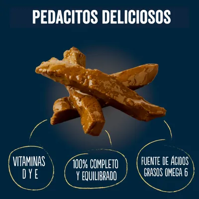 Pedacitos deliciosos. Vitaminas D y E, 100 % completo y equilibrado, fuente de ácidos grasos omega 6.