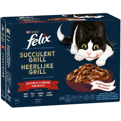 Boîte Purina Felix Succulent Grill, sélection de la campagne, 12x sachets bœuf, poulet, canard, dinde en sauce. Texte : sans colorants, arômes ni conservateurs artificiels ajoutés.