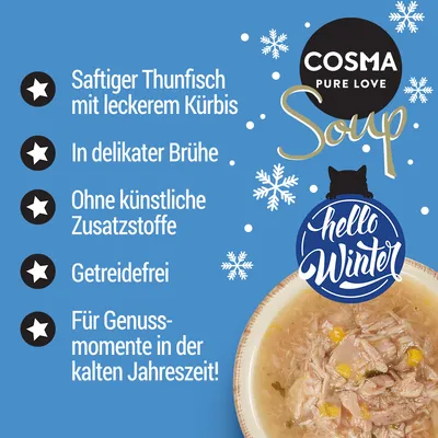 Cosma Soup: Saftiger Thunfisch mit Kürbis, in delikater Brühe, ohne künstliche Zusatzstoffe, getreidefrei. Für Genussmomente in der kalten Jahreszeit! Hello Winter Design.