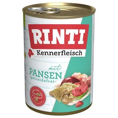 RINTI Kennerfleisch mit Pansen, getreidefrei. Afbeelding van rundvlees, pens en lever op het etiket. Rood zegel: Echt seit 1983 Original.