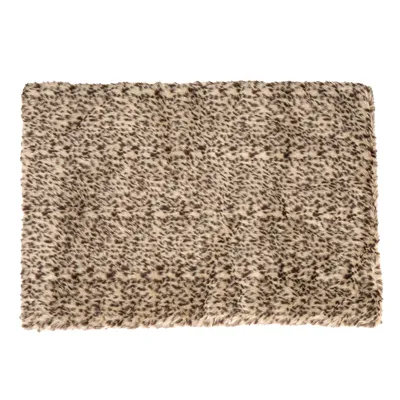Braune und beige gemusterte, flauschige Decke mit Leopardenmuster. Rechteckige Form, geeignet als Unterlage oder Kuscheldecke.
