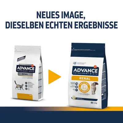 Advance Veterinary Diets Renal. Neues Verpackungsdesign, dieselben echten Ergebnisse. Für Katzen mit Niereninsuffizienz. Packung links: 1,5 kg weiss; Packung rechts: 1,5 kg blau.