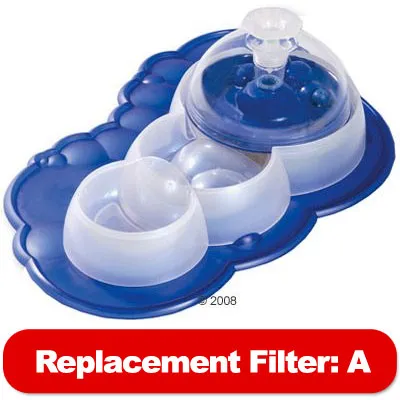 Plastic feeding and water station with three bowls on a blue tray. Text below reads: Replacement Filter: A.