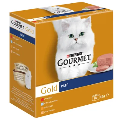 Purina Gourmet Gold Pâté, 8x85g. Lajit: naudanliha, merikala, maksa, kalkkuna. Tyytyväisyystakuu näkyvissä pakkauksessa.