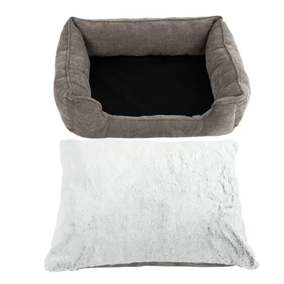 Graues rechteckiges Haustierbett mit schwarzem Innenbereich und weissem, flauschigem Kissen. Bett und Kissen separat dargestellt.