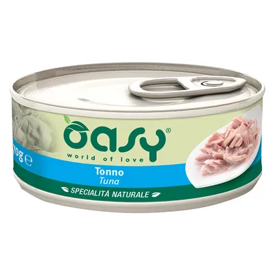 Oasy world of love Tonno Tuna, SPECIALITÀ NATURALE, blik van 70 g met afbeelding van tonijnstukjes op een bord
