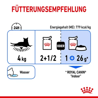 Fütterungsempfehlung für eine Katze mit 4 kg: 2+1/2 Beutel oder 1 Beutel + 26 g Trockenfutter. Energiegehalt: 779 kcal/kg. Wasser bereitstellen. Produkt: Royal Canin Indoor.