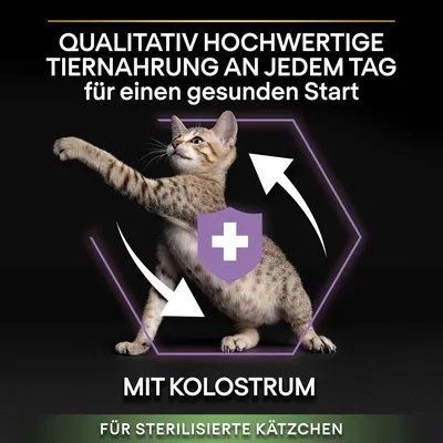 Texte en allemand : Qualitativ hochwertige Tiernahrung an jedem Tag für einen gesunden Start, mit Kolostrum, für sterilisierte Kätzchen. Chaton avec symbole de bouclier et flèches.