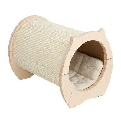 Kratzrolle aus Holz mit Sisal-Oberfläche und gepolsterter Liegefläche im Inneren.