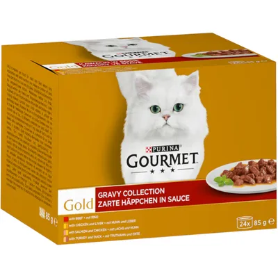 Purina Gourmet Gold Gravy Collection, нежные кусочки в соусе. Виды: говядина, курица и печень, лосось и курица, индейка и утка. Упаковка 24x85г.