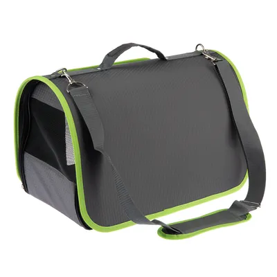 Sac de transport pour animaux en tissu gris avec bordures vertes, poignée et bandoulière réglable, côtés partiellement en maille noire.