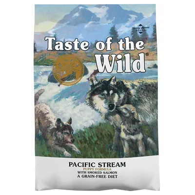 Taste of the Wild Pacific Stream Puppy Formula with Smoked Salmon, A Grain-Free Diet. Family-Owned Brand. Bag shows painted wolves by a river and mountains.