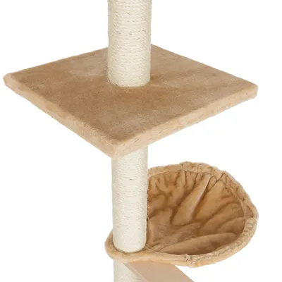 Cat tree with beige plush cover, square platform and round hammock, sisal-wrapped post.