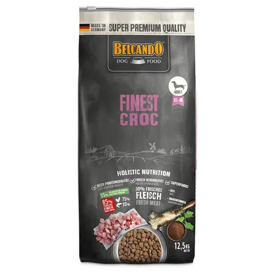 Belcando Dog Food Finest Croc, vyrobeno v Německu, superprémiová kvalita, holistická výživa, 30 % čerstvého masa, pro dospělé psy XS-M, 12,5 kg netto.