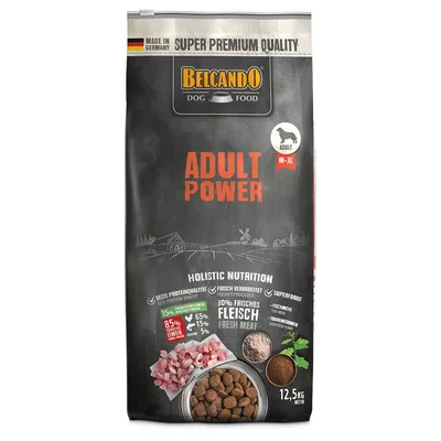 Belcando Dog Food Adult Power, super premium quality, 30% świeże mięso, dla psów dorosłych M–XL, 12,5 kg netto. Widoczne kawałki mięsa i karmy.