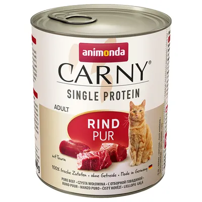Scatola di cibo per gatti Animonda Carny Single Protein Adult Rind Pur, con immagine di carne di manzo e gatto, testo: 100% fresche Zutaten, ohne Getreide, Made in Germany, mit Taurin.
