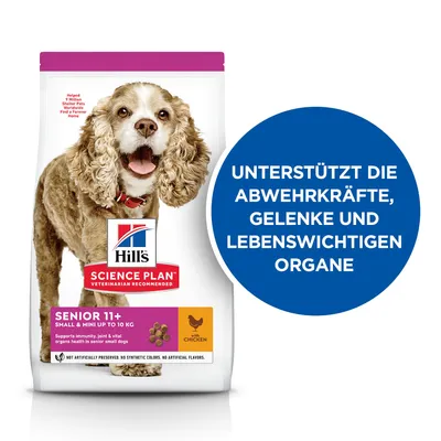 Hill's Science Plan Senior 11+ Small & Mini do 10 kg s piščancem. Podpira imunski sistem, sklepe in vitalne organe.