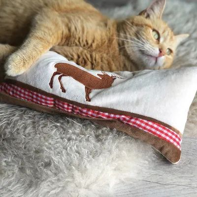 Котка лежи до плюшена възглавница с бродирана фигура на елен и червено-бяла карирана лента. Материал: плат.