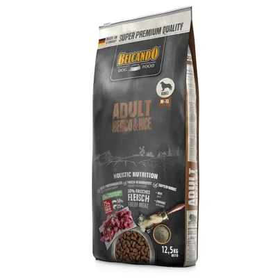 Sac Belcando Dog Food Adult Iberico & Rice, 12,5 kg, mentionne 30 % de viande fraîche, super premium quality, made in Germany, pour chiens adultes M–XL. Images de croquettes et ingrédients visibles.